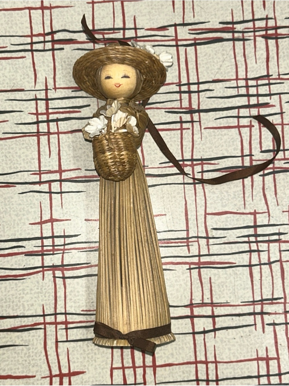 Vintage Straw Lady Figure Doll 7” Korean Folk Art Flower Bouquet